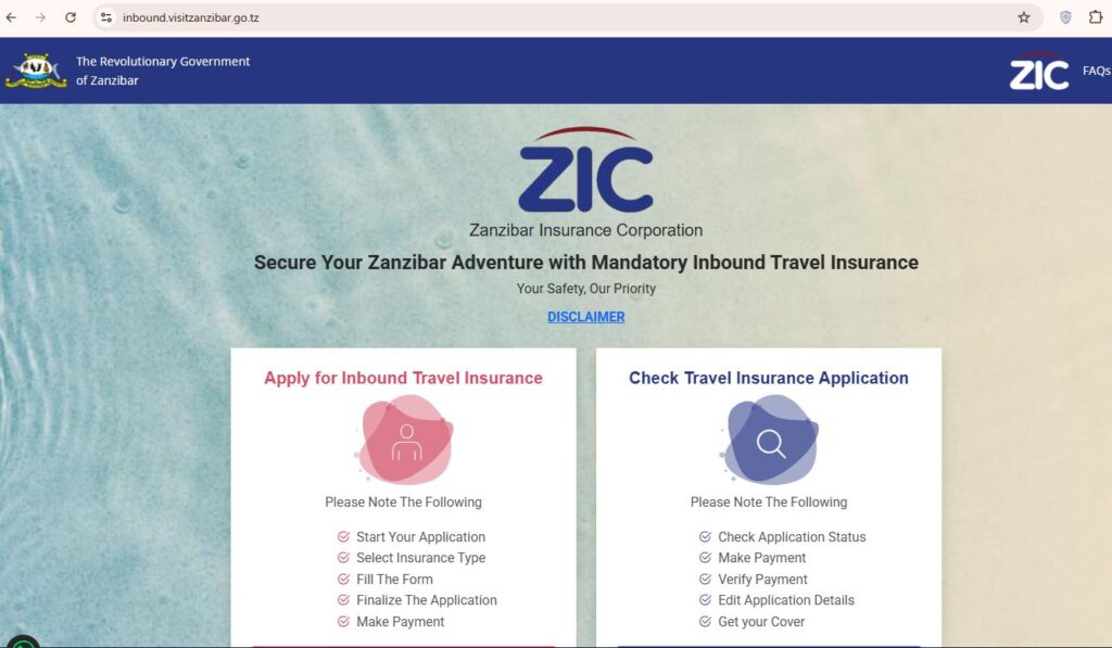 Zanzibar Mandatory Travel Insurance website